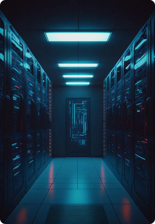 Corredor de um data center futurista iluminado por luzes azuis e vermelhas