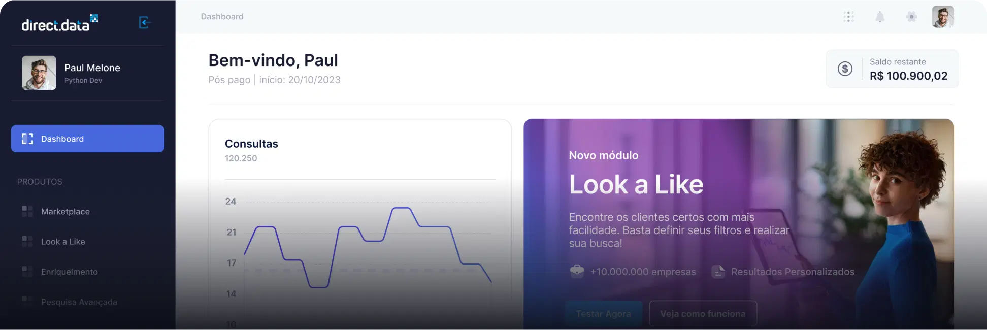 screenshot da aplicação da Direct Data com informações de uma api